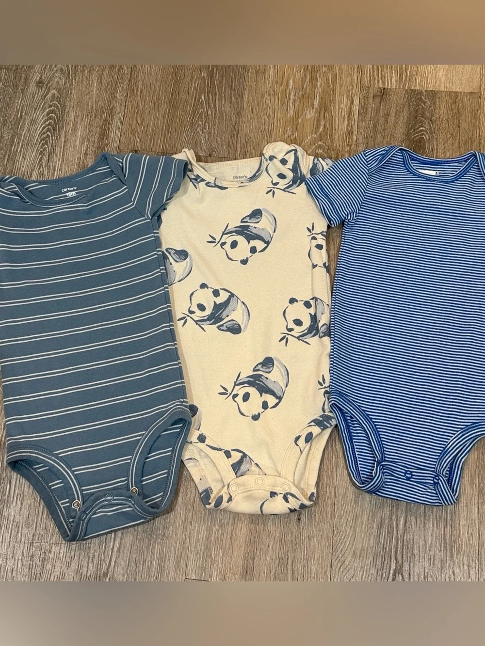 Carter's Blue, Cream & Blue Striped Panda Short-Sleeve One-Piece Bodysuit 3-Pack